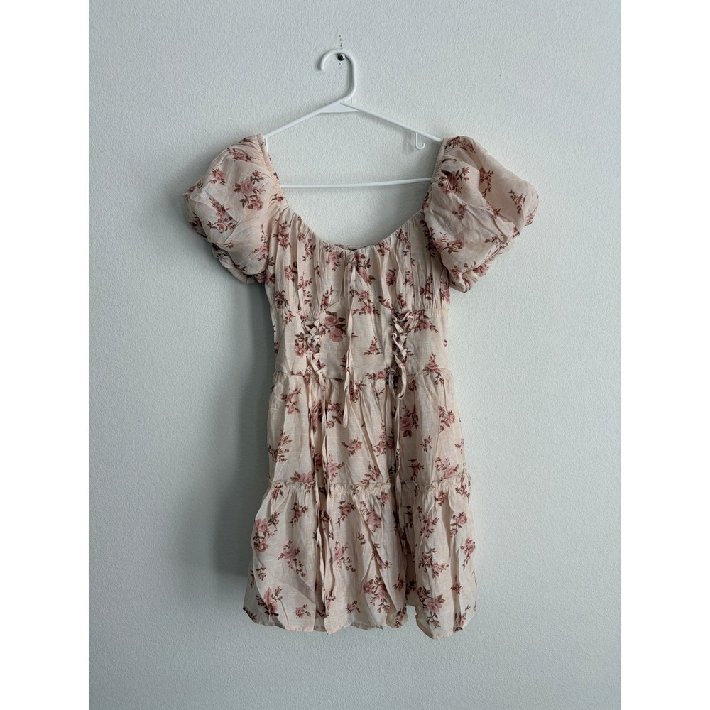 Trixxi Floral Puff Sleeve Mini Dress Peach Pink Cottagecore Smocked Back Size M